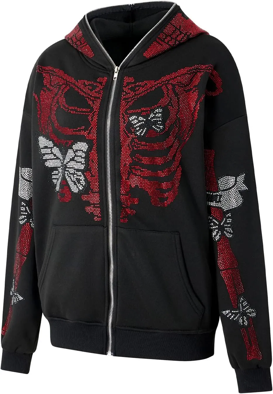 Men Rhinestone Y2k Full Zip Up Hoodies Women Oversized Skull Skeleton Sweatshirt Zip Over Face Gothic Jacket
