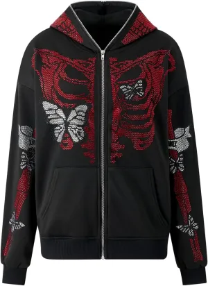 Men Rhinestone Y2k Full Zip Up Hoodies Women Oversized Skull Skeleton Sweatshirt Zip Over Face Gothic Jacket