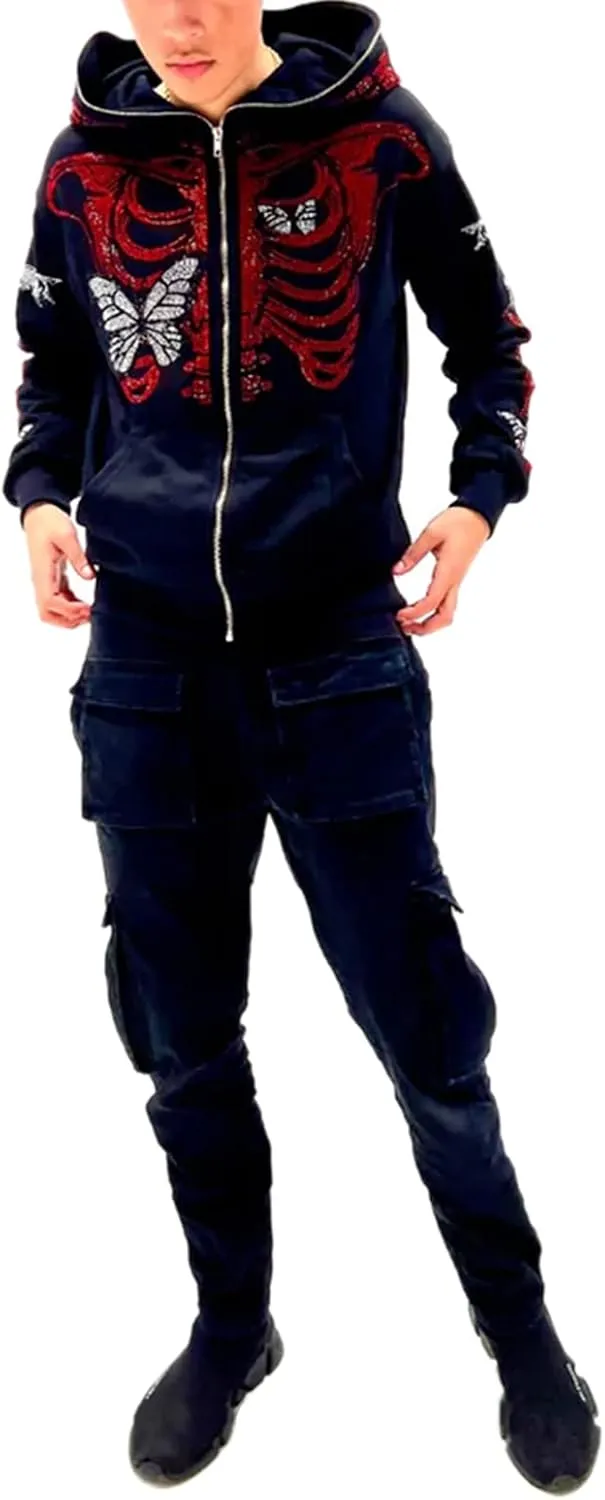 Men Rhinestone Y2k Full Zip Up Hoodies Women Oversized Skull Skeleton Sweatshirt Zip Over Face Gothic Jacket