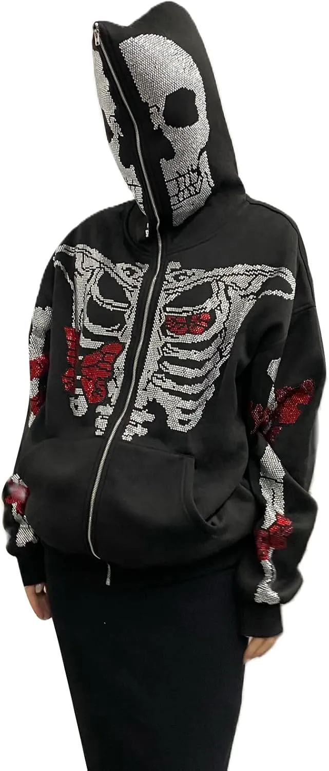 Men Rhinestone Y2k Full Zip Up Hoodies Women Oversized Skull Skeleton Sweatshirt Zip Over Face Gothic Jacket