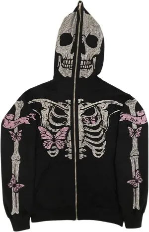 Men Rhinestone Y2k Full Zip Up Hoodies Women Oversized Skull Skeleton Sweatshirt Zip Over Face Gothic Jacket