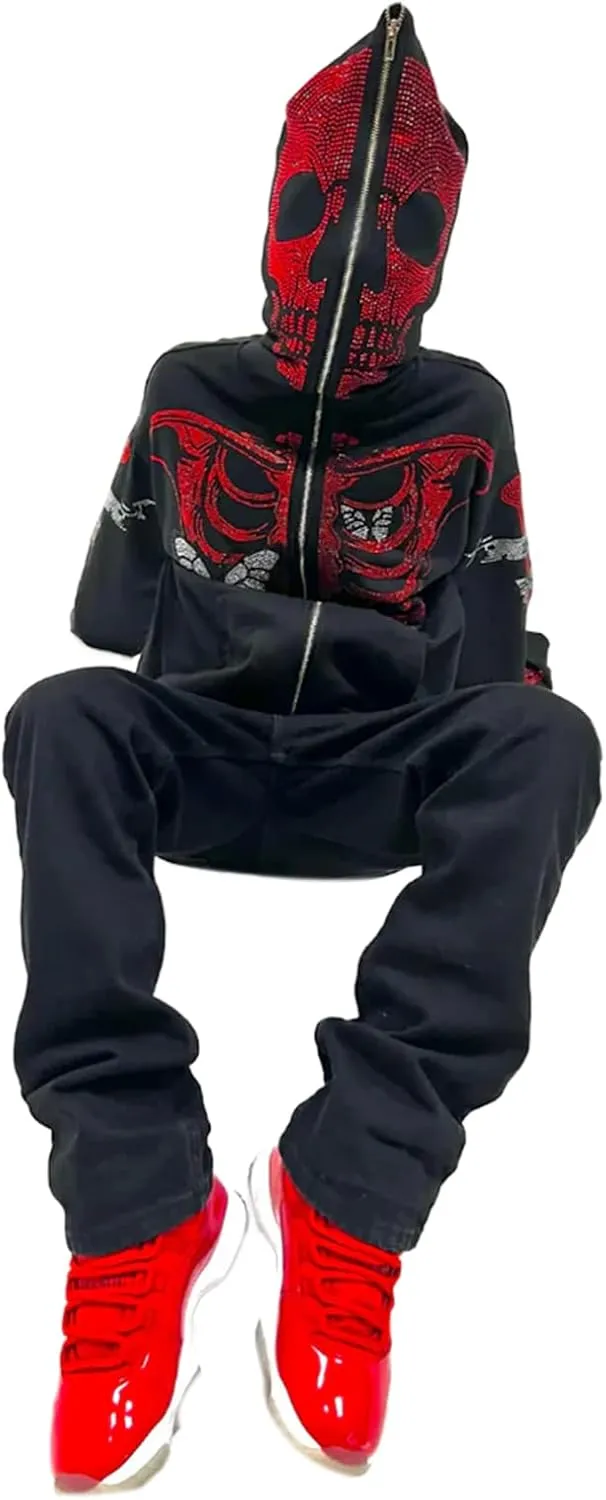 Men Rhinestone Y2k Full Zip Up Hoodies Women Oversized Skull Skeleton Sweatshirt Zip Over Face Gothic Jacket
