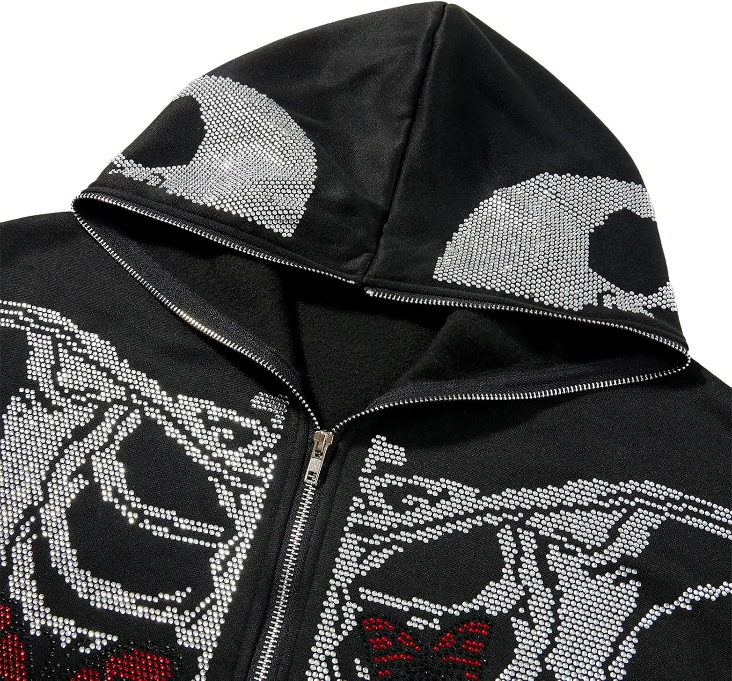 Men Rhinestone Y2k Full Zip Up Hoodies Women Oversized Skull Skeleton Sweatshirt Zip Over Face Gothic Jacket