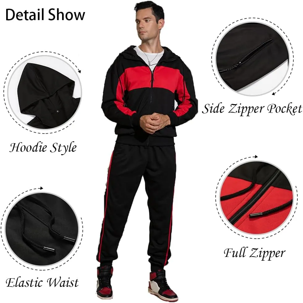 Men's Hooded Athletic Tracksuit Sweatsuit Long Sleeve Full-Zip Jogging Sweatpants 2 Piece Patchwork Sportsuits