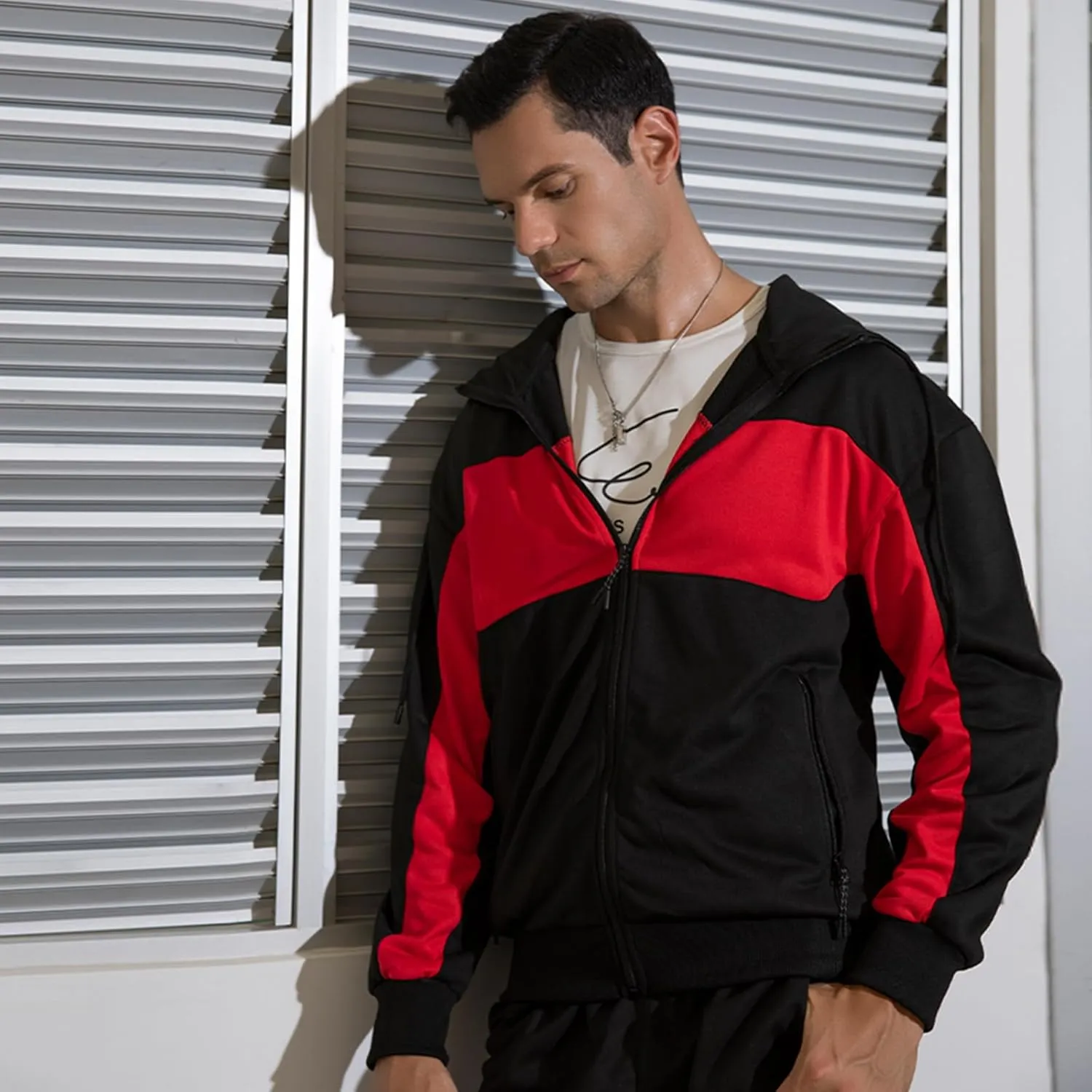 Men's Hooded Athletic Tracksuit Sweatsuit Long Sleeve Full-Zip Jogging Sweatpants 2 Piece Patchwork Sportsuits
