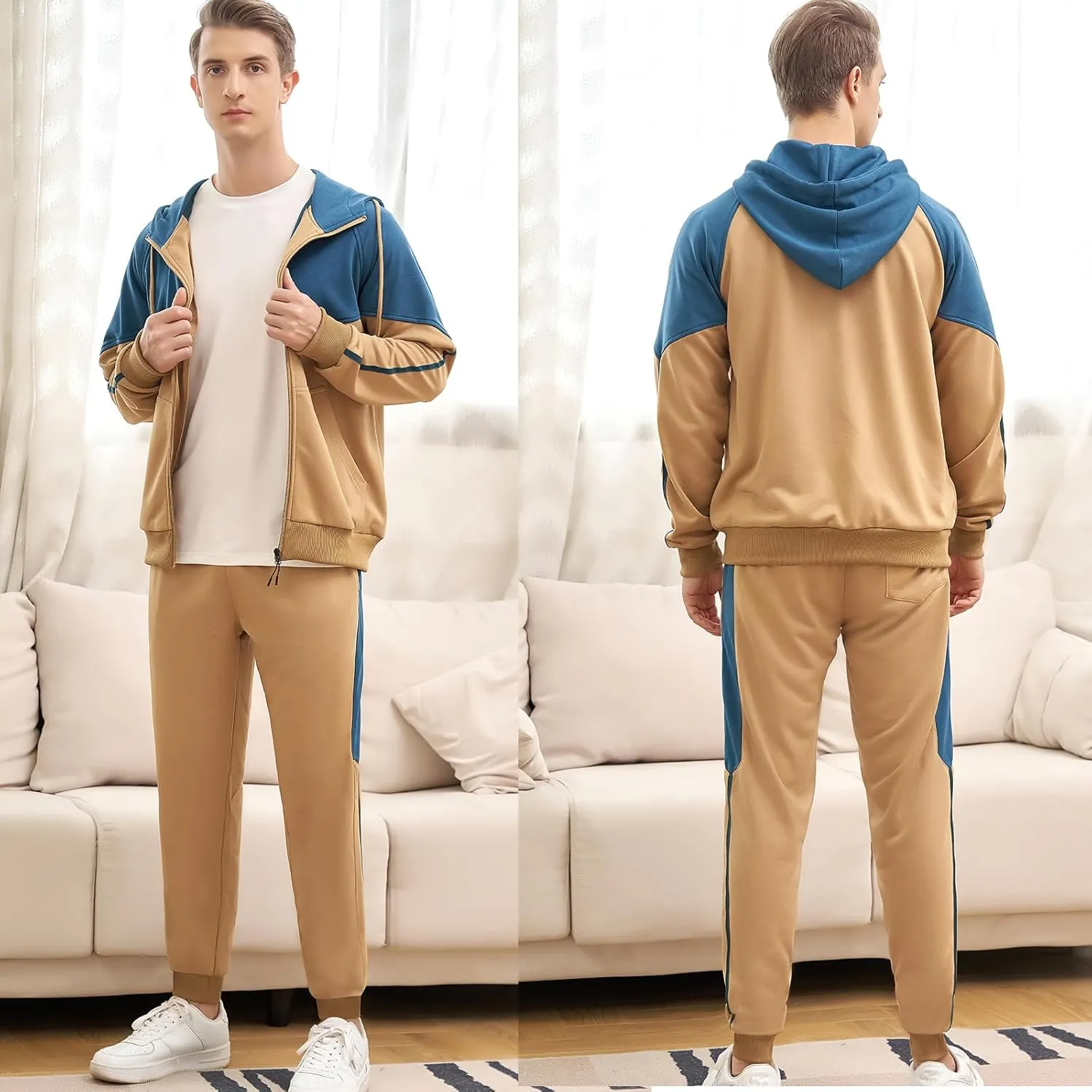 Men's Hooded Athletic Tracksuit Sweatsuit Long Sleeve Full-Zip Jogging Sweatpants 2 Piece Patchwork Sportsuits