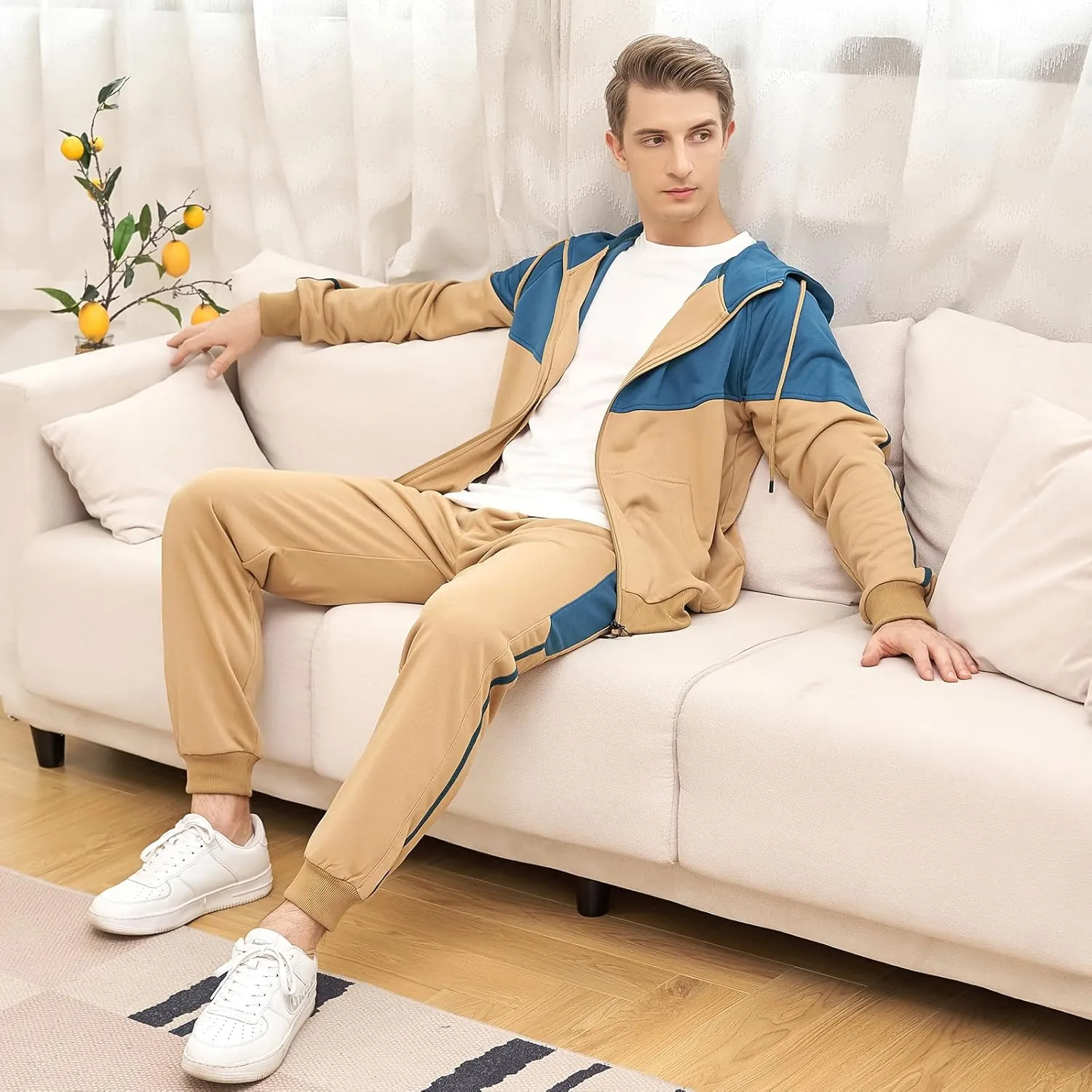 Men's Hooded Athletic Tracksuit Sweatsuit Long Sleeve Full-Zip Jogging Sweatpants 2 Piece Patchwork Sportsuits