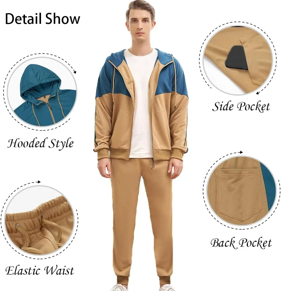 Men's Hooded Athletic Tracksuit Sweatsuit Long Sleeve Full-Zip Jogging Sweatpants 2 Piece Patchwork Sportsuits