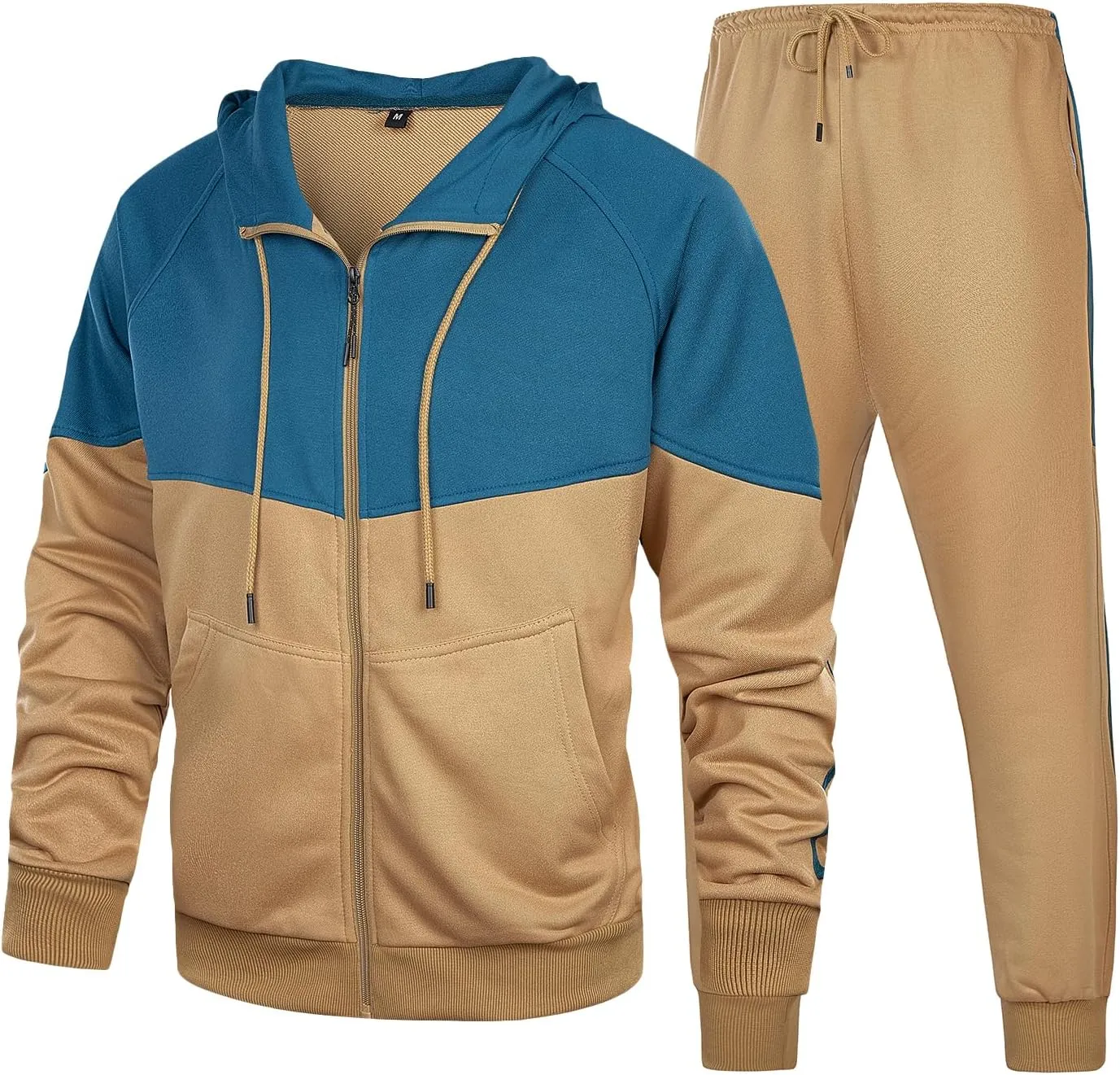 Men's Hooded Athletic Tracksuit Sweatsuit Long Sleeve Full-Zip Jogging Sweatpants 2 Piece Patchwork Sportsuits