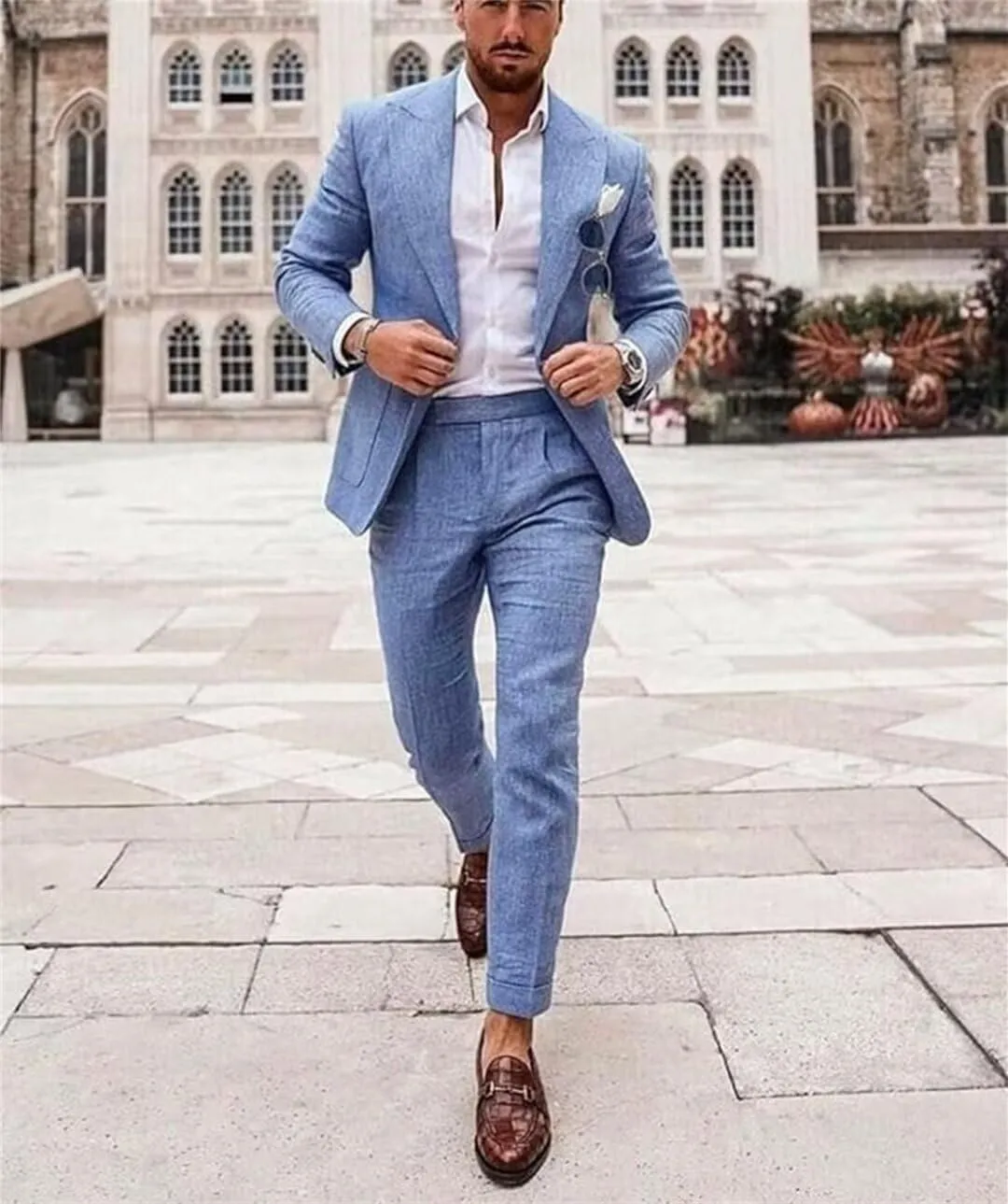 Mens Linen Suit for Beach Slim Fit 2 Piece Wedding Tuxedo for Men Casual Blazer Pant Set Prom Party Suit