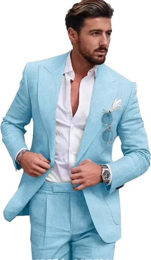 Mens Linen Suit for Beach Slim Fit 2 Piece Wedding Tuxedo for Men Casual Blazer Pant Set Prom Party Suit