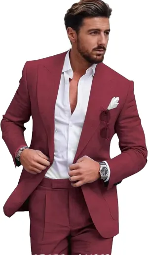 Mens Linen Suit for Beach Slim Fit 2 Piece Wedding Tuxedo for Men Casual Blazer Pant Set Prom Party Suit