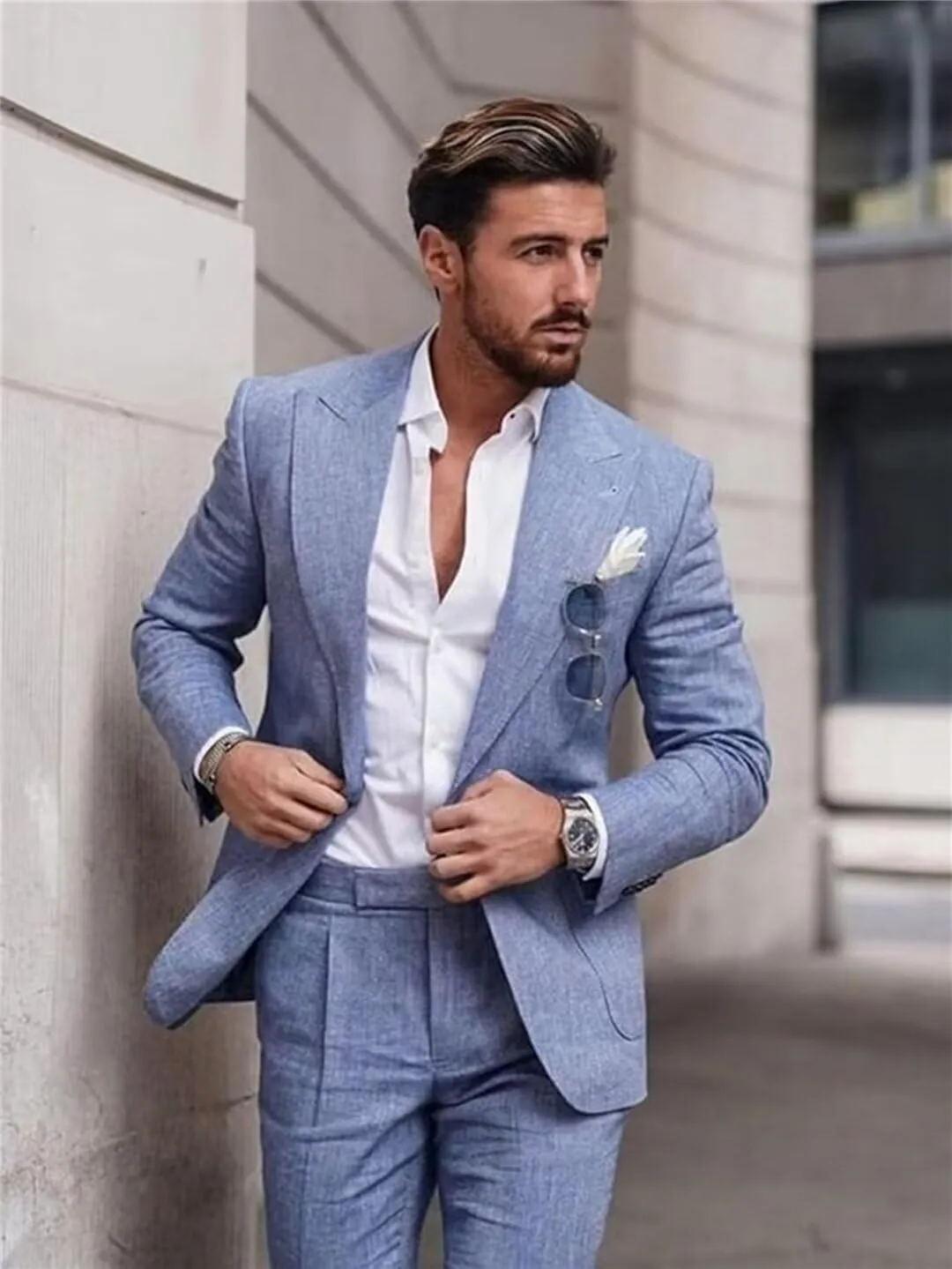 Mens Linen Suit for Beach Slim Fit 2 Piece Wedding Tuxedo for Men Casual Blazer Pant Set Prom Party Suit