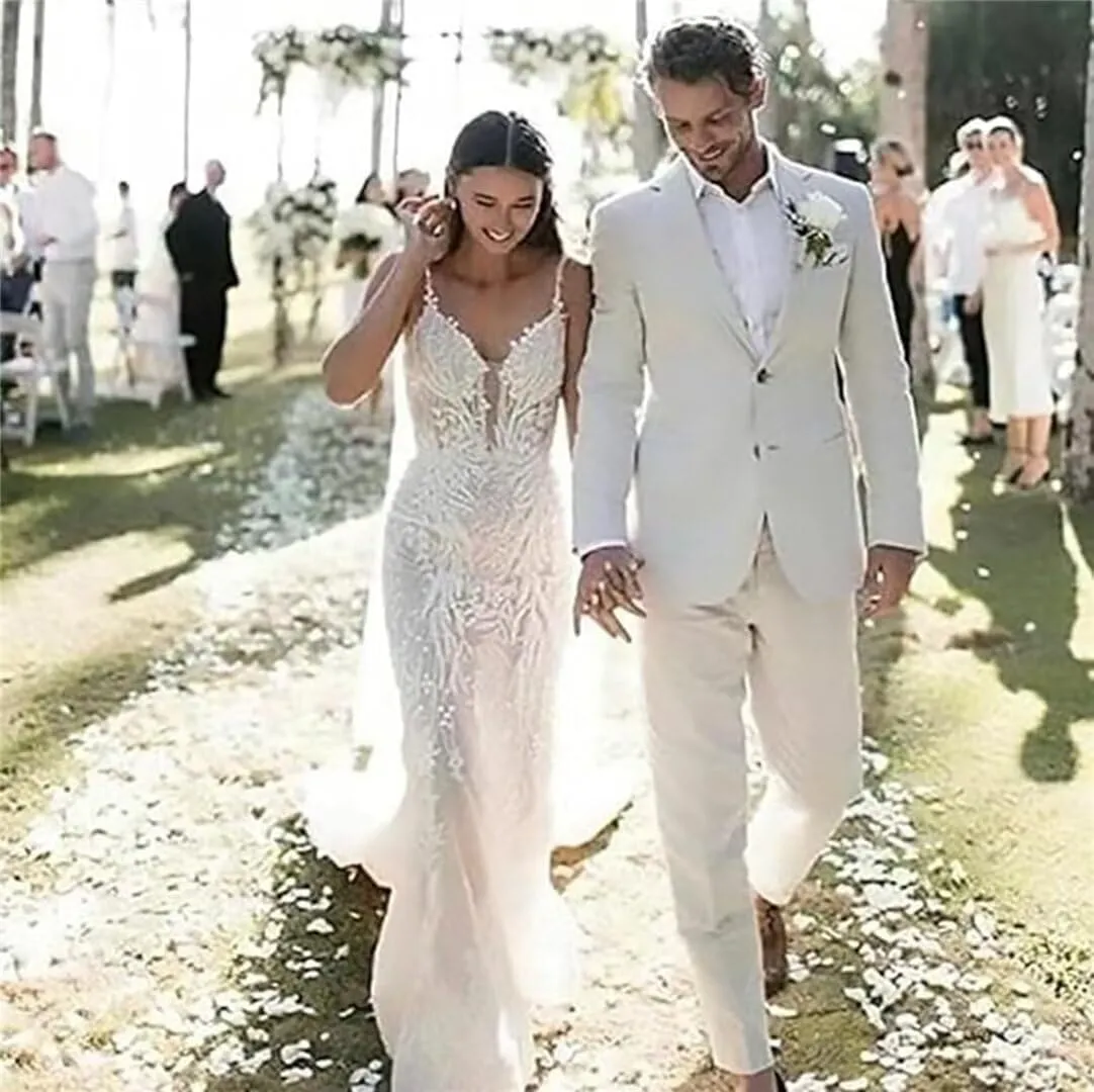 Mens Linen Suit for Beach Slim Fit 2 Piece Wedding Tuxedo for Men Casual Blazer Pant Set Prom Party Suit