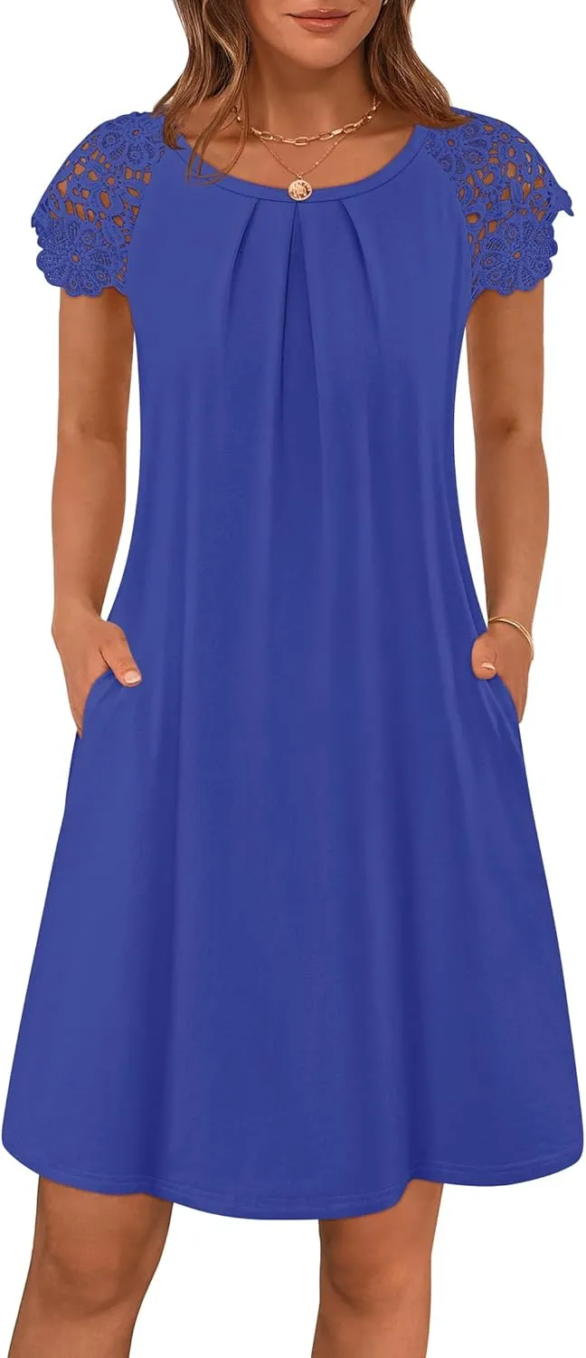 MEROKEETY Women's Casual Summer T Shirt Dress Beach Vacation Lace Sleeveless Flowy Pleated Mini Sundress