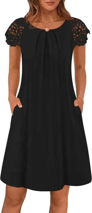 MEROKEETY Women's Casual Summer T Shirt Dress Beach Vacation Lace Sleeveless Flowy Pleated Mini Sundress