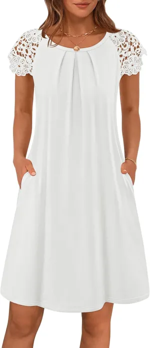 MEROKEETY Women's Casual Summer T Shirt Dress Beach Vacation Lace Sleeveless Flowy Pleated Mini Sundress