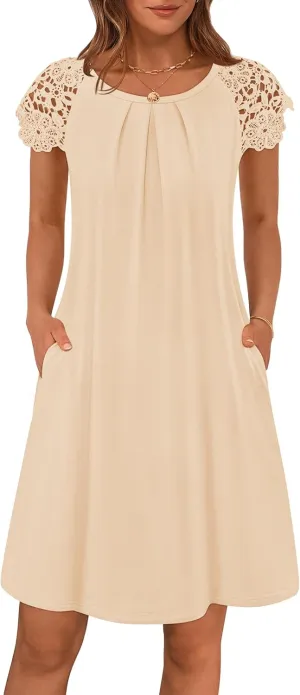 MEROKEETY Women's Casual Summer T Shirt Dress Beach Vacation Lace Sleeveless Flowy Pleated Mini Sundress