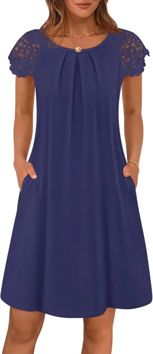 MEROKEETY Women's Casual Summer T Shirt Dress Beach Vacation Lace Sleeveless Flowy Pleated Mini Sundress