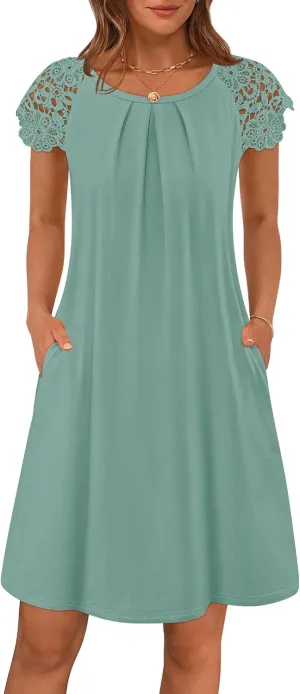 MEROKEETY Women's Casual Summer T Shirt Dress Beach Vacation Lace Sleeveless Flowy Pleated Mini Sundress