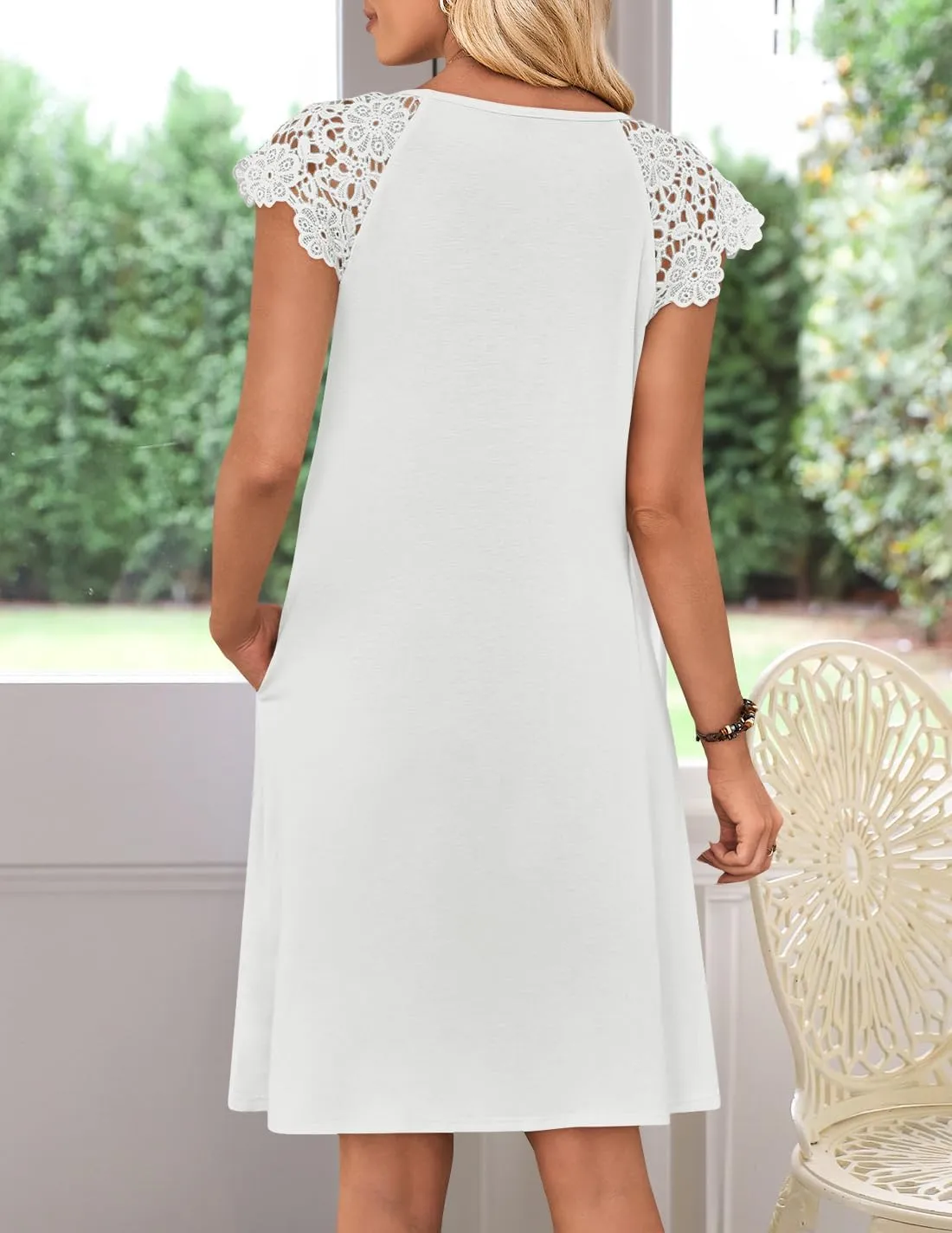 MEROKEETY Women's Casual Summer T Shirt Dress Beach Vacation Lace Sleeveless Flowy Pleated Mini Sundress