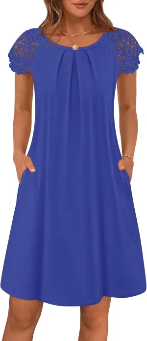 MEROKEETY Women's Casual Summer T Shirt Dress Beach Vacation Lace Sleeveless Flowy Pleated Mini Sundress