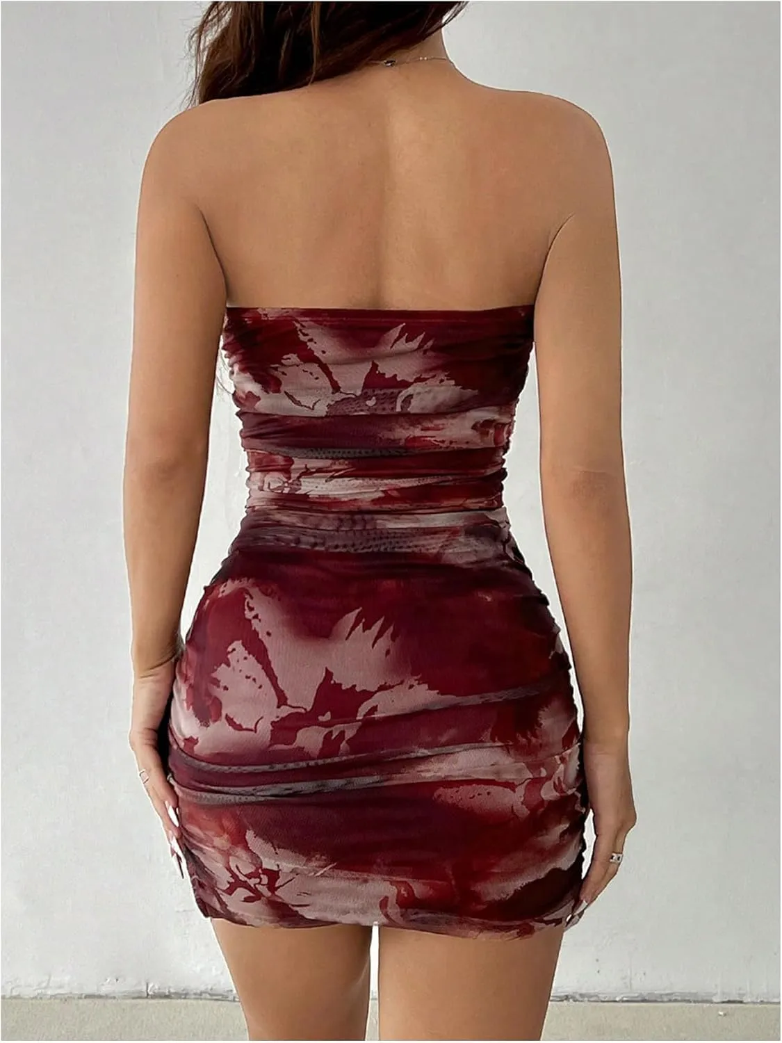 Milumia Women's Floral Print Strapless Bodycon Mini Dress Mesh Ruched Tube Top Dresses