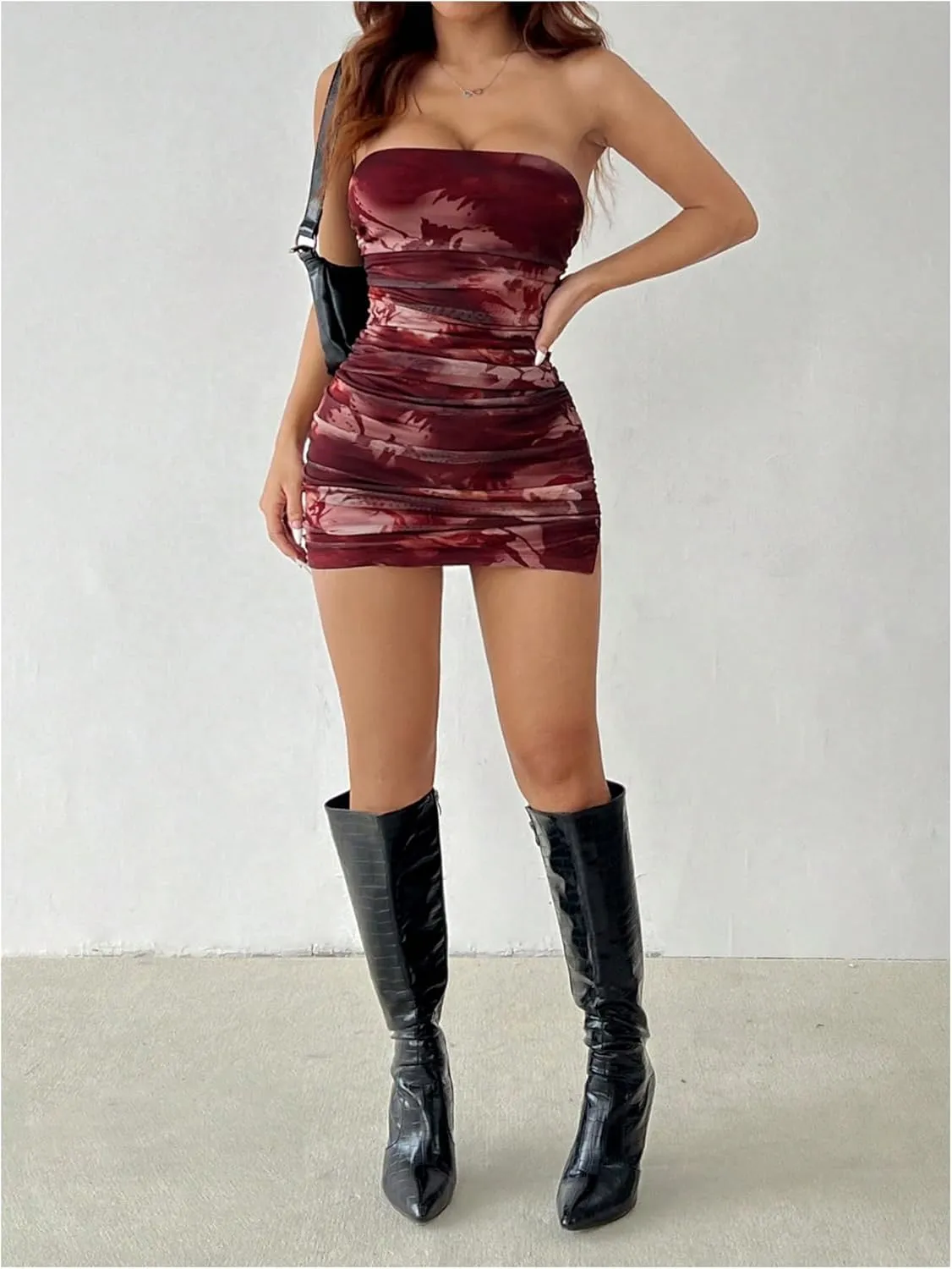 Milumia Women's Floral Print Strapless Bodycon Mini Dress Mesh Ruched Tube Top Dresses