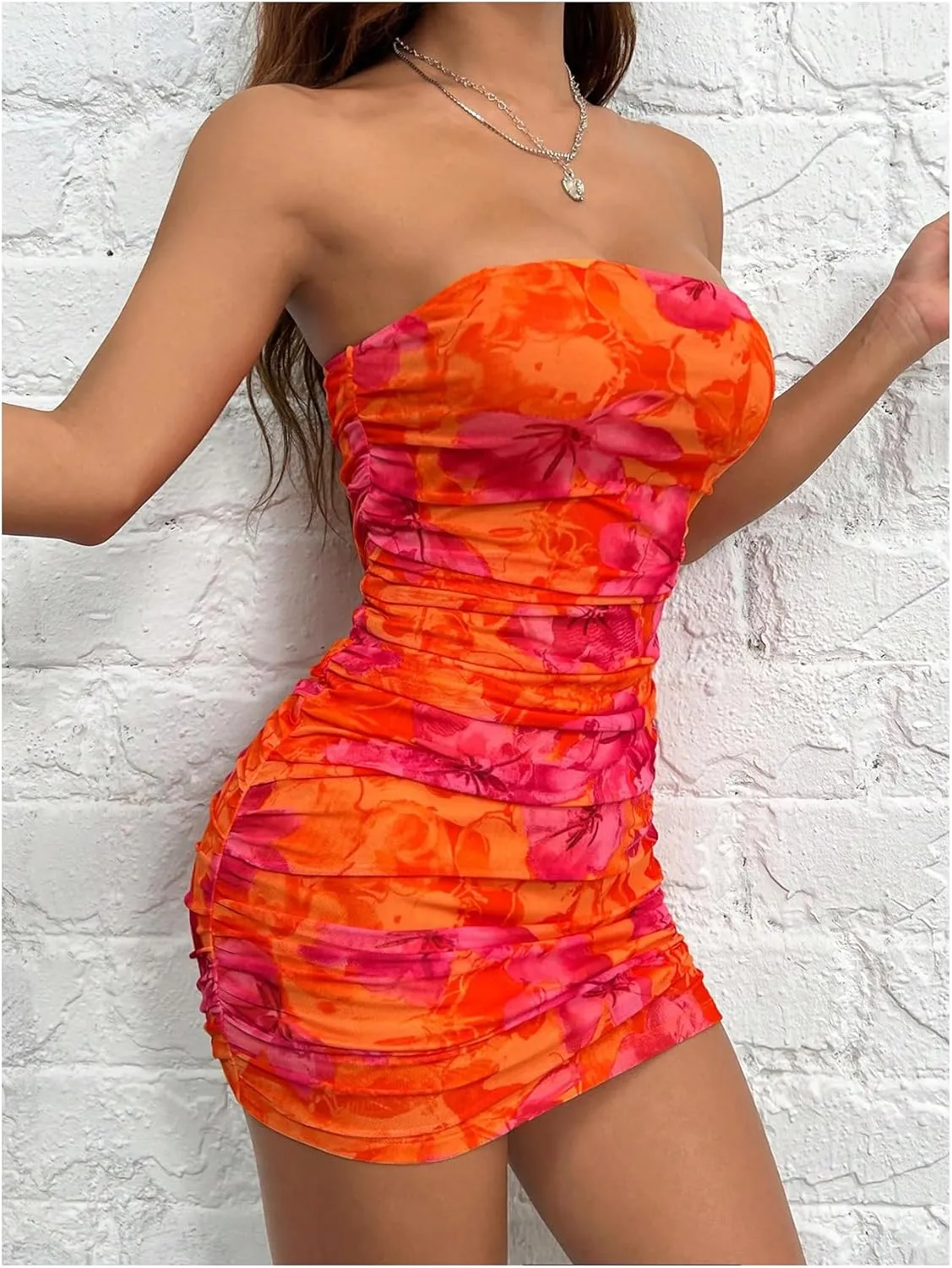 Milumia Women's Floral Print Strapless Bodycon Mini Dress Mesh Ruched Tube Top Dresses