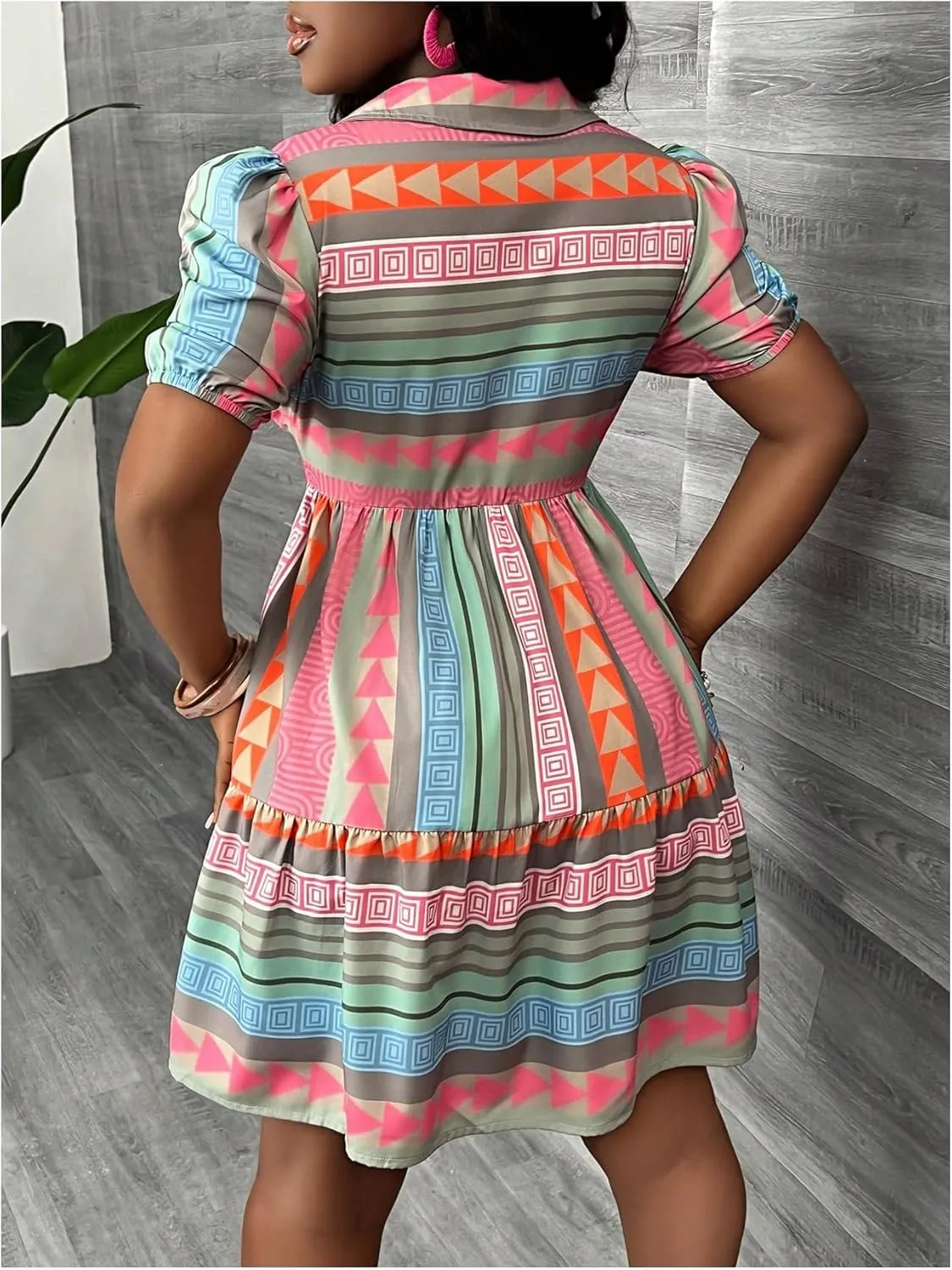 Milumia Women's Mini Shirt Dress Button Down Geometric Print Short Sleeve Flared Casual Dresses