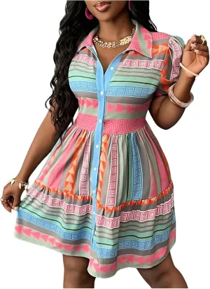 Milumia Women's Mini Shirt Dress Button Down Geometric Print Short Sleeve Flared Casual Dresses