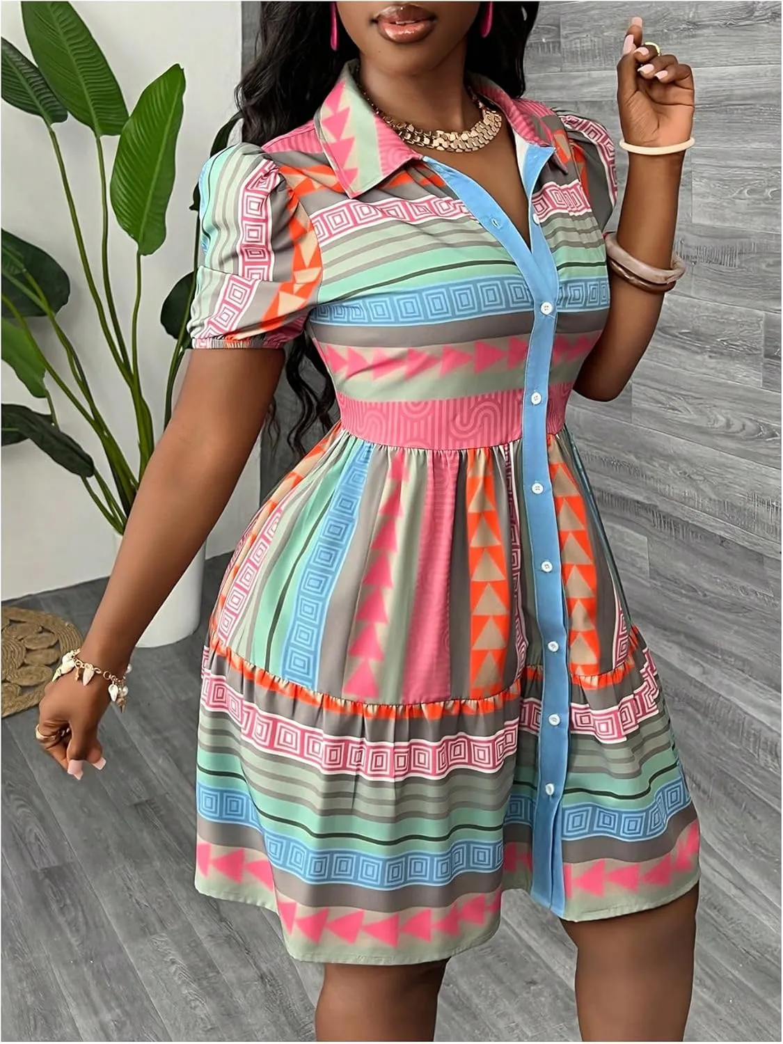 Milumia Women's Mini Shirt Dress Button Down Geometric Print Short Sleeve Flared Casual Dresses