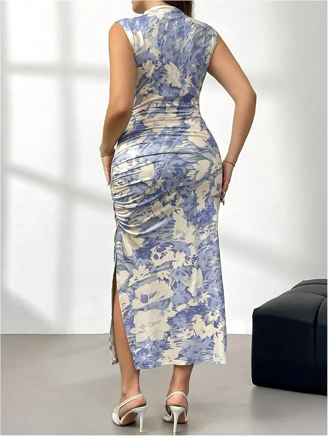 Milumia Women's Plus Size Floral Sleeveless Bodycon Dress Mock Neck Slit Midi Dresses