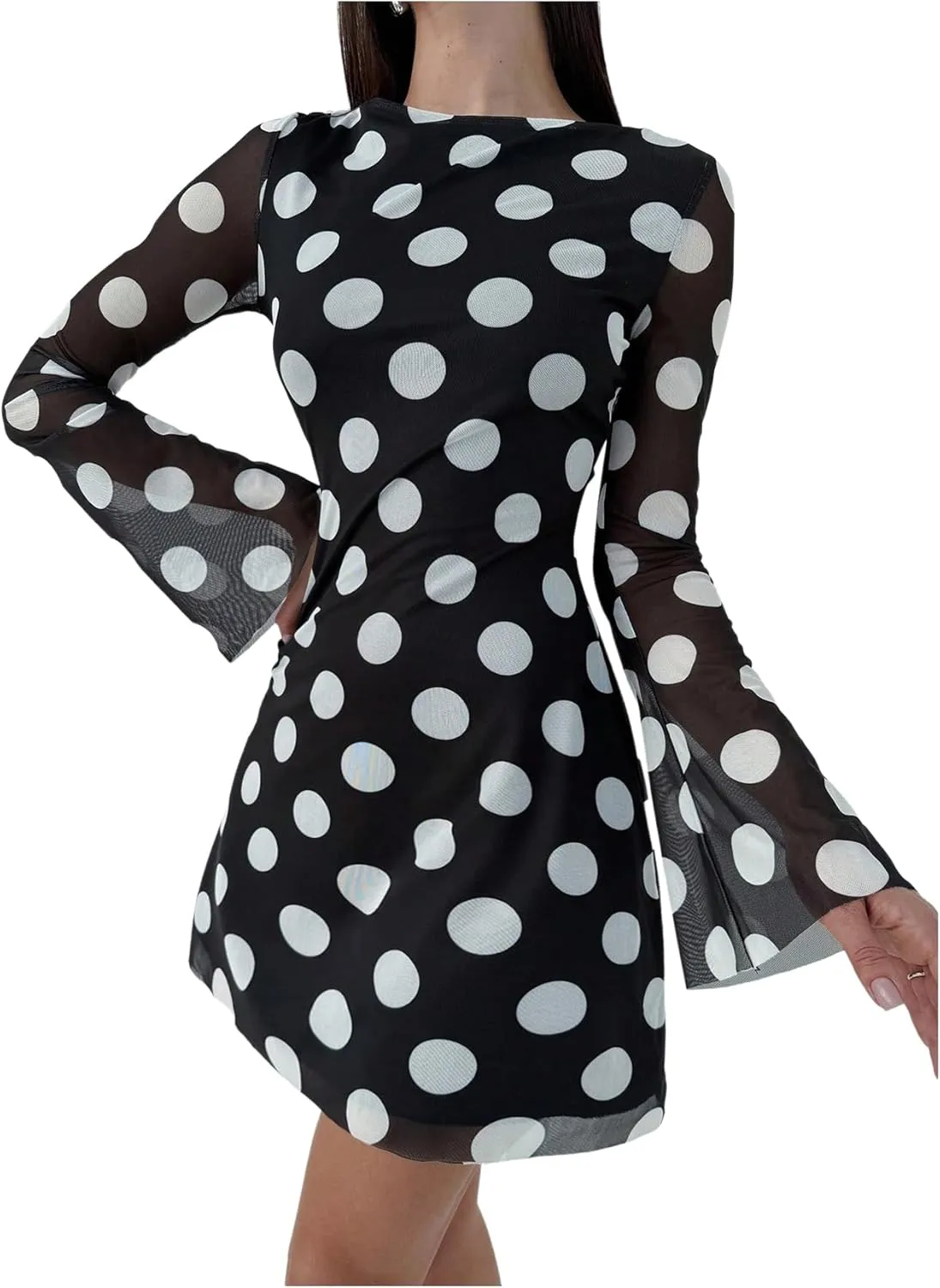 Milumia Women's Polka Dots Bell Long Sleeve Mini Dress Boat Neck Mesh Short Dresses