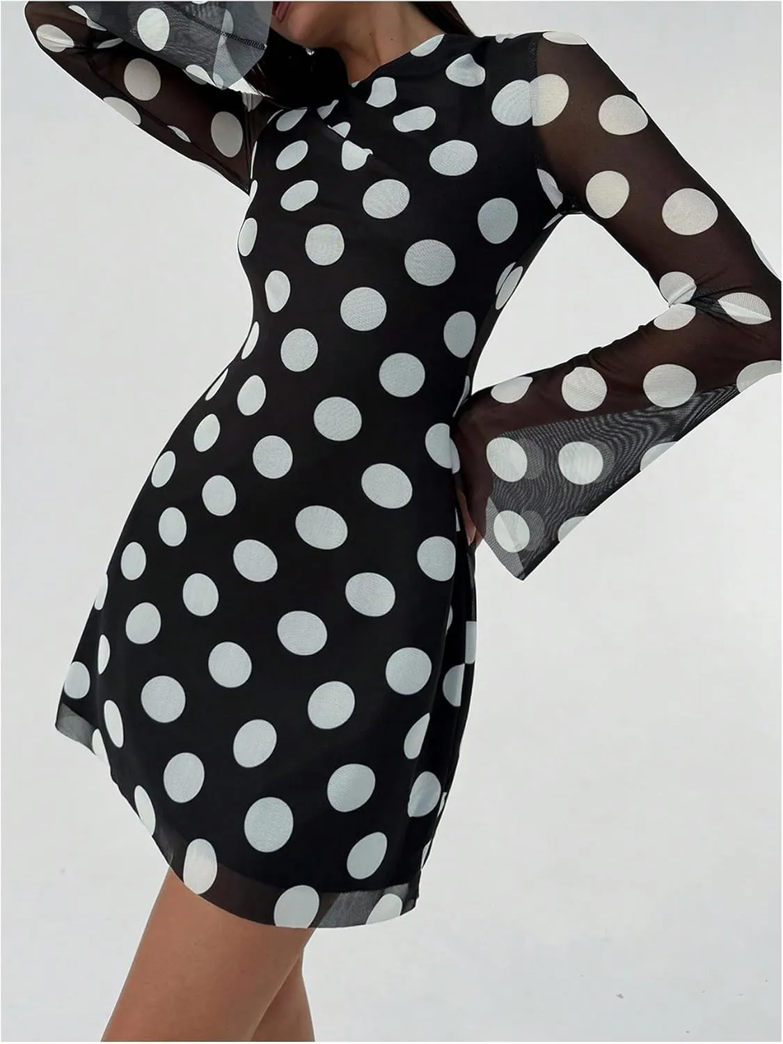 Milumia Women's Polka Dots Bell Long Sleeve Mini Dress Boat Neck Mesh Short Dresses