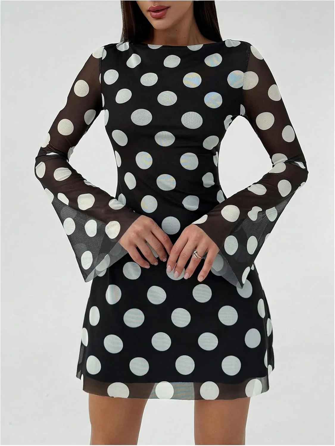 Milumia Women's Polka Dots Bell Long Sleeve Mini Dress Boat Neck Mesh Short Dresses