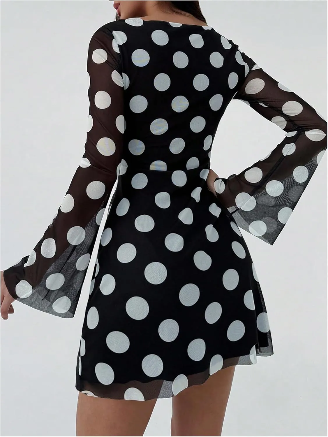 Milumia Women's Polka Dots Bell Long Sleeve Mini Dress Boat Neck Mesh Short Dresses