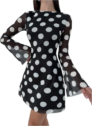 Milumia Women's Polka Dots Bell Long Sleeve Mini Dress Boat Neck Mesh Short Dresses