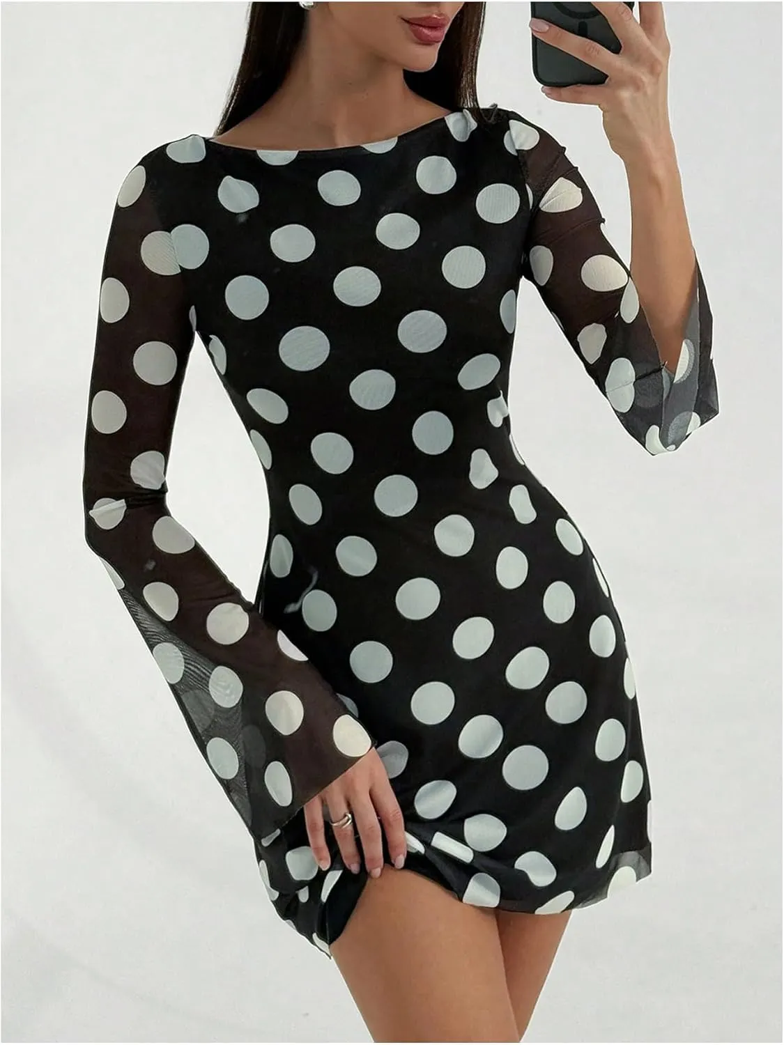 Milumia Women's Polka Dots Bell Long Sleeve Mini Dress Boat Neck Mesh Short Dresses