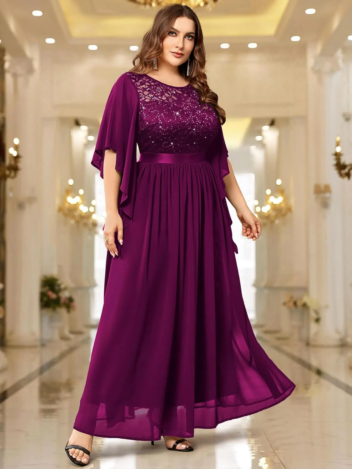 Miusol Women's Plus Size Sequin Lace with Ruffle Cape Cloak Sleeves Elegant Evening Wedding Party Maxi Dress