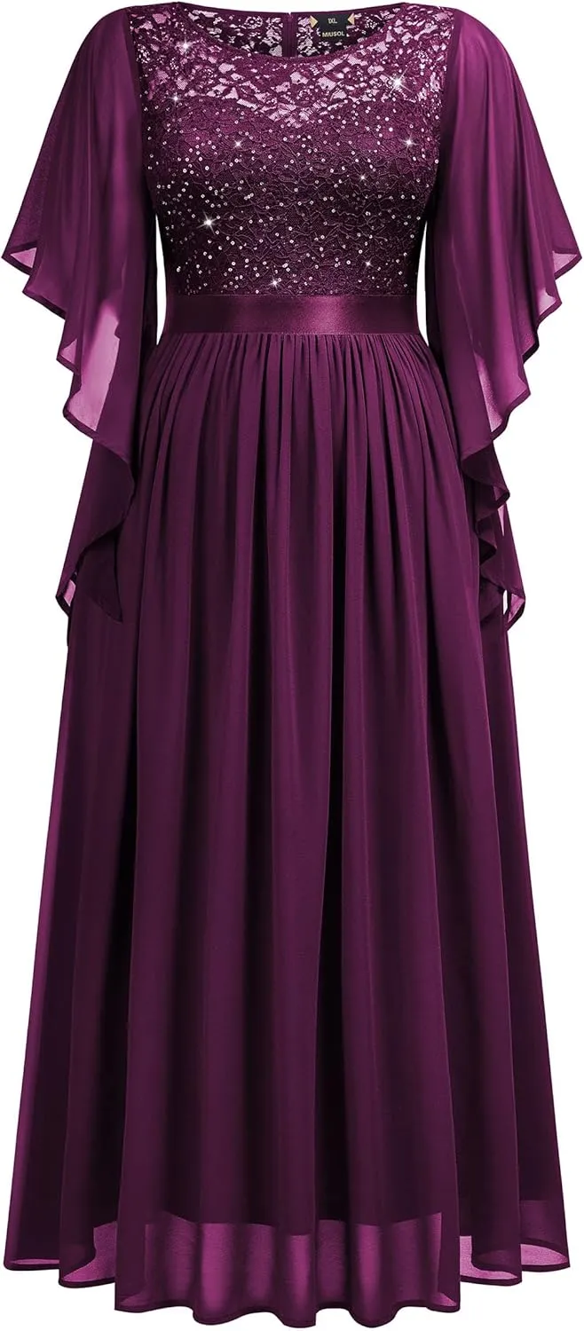Miusol Women's Plus Size Sequin Lace with Ruffle Cape Cloak Sleeves Elegant Evening Wedding Party Maxi Dress