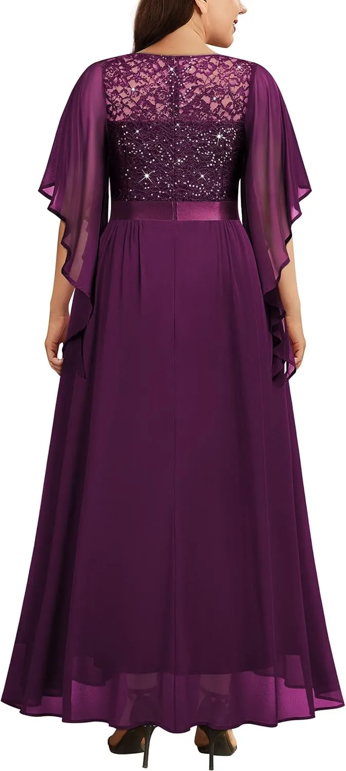 Miusol Women's Plus Size Sequin Lace with Ruffle Cape Cloak Sleeves Elegant Evening Wedding Party Maxi Dress