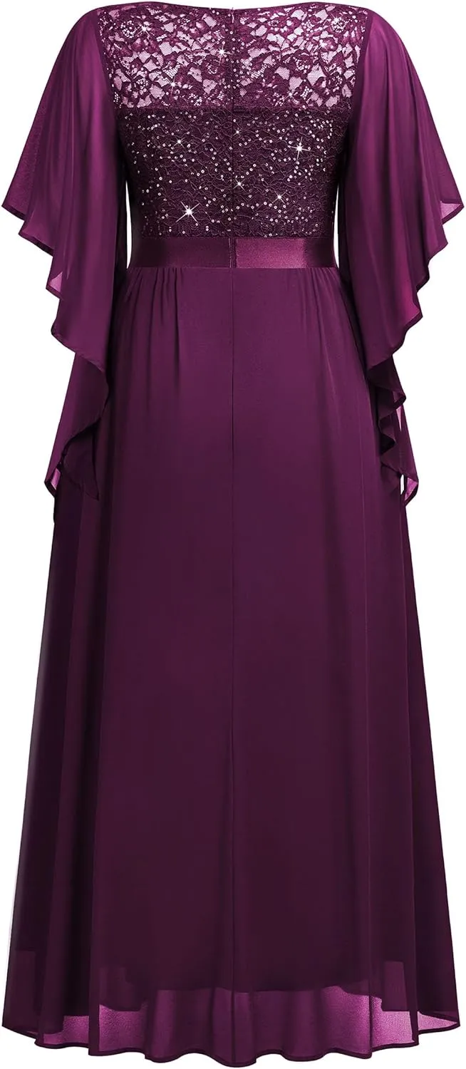 Miusol Women's Plus Size Sequin Lace with Ruffle Cape Cloak Sleeves Elegant Evening Wedding Party Maxi Dress