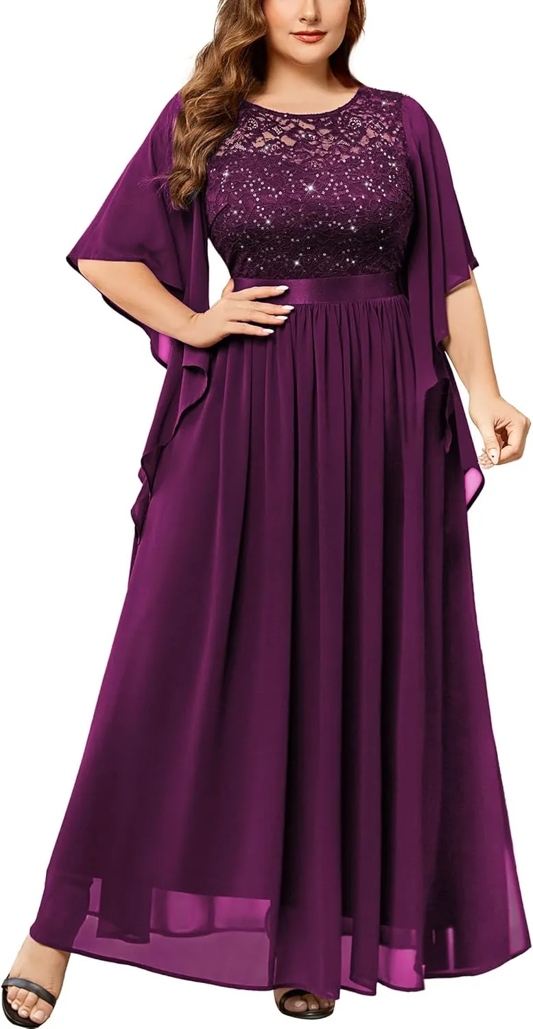 Miusol Women's Plus Size Sequin Lace with Ruffle Cape Cloak Sleeves Elegant Evening Wedding Party Maxi Dress
