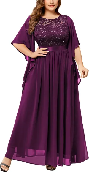 Miusol Women's Plus Size Sequin Lace with Ruffle Cape Cloak Sleeves Elegant Evening Wedding Party Maxi Dress