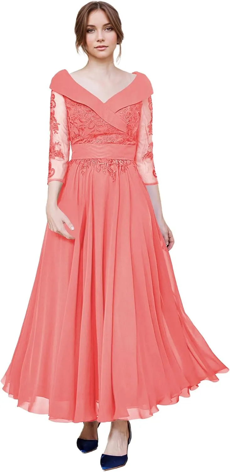 Mother of The Bride Dresses Lace V Neck Formal Evening Dress Long Sleeve Chiffon Evening Gown A Line