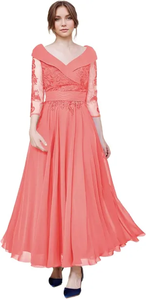 Mother of The Bride Dresses Lace V Neck Formal Evening Dress Long Sleeve Chiffon Evening Gown A Line