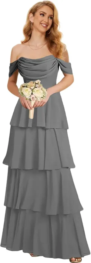 Off The Shoulder Bridesmaid Dresses for Women Long Formal Dress Chiffon Tiered Evening Party Gown
