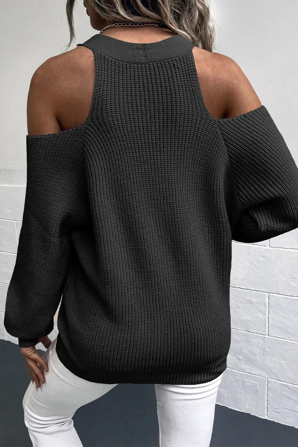 Open Shoulder Plunge Neck Ribbed Cardigan