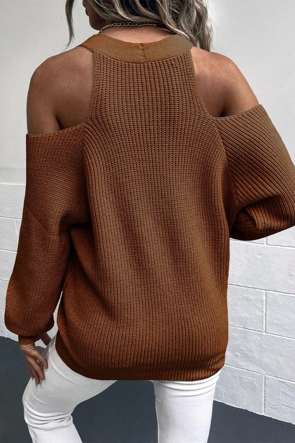 Open Shoulder Plunge Neck Ribbed Cardigan